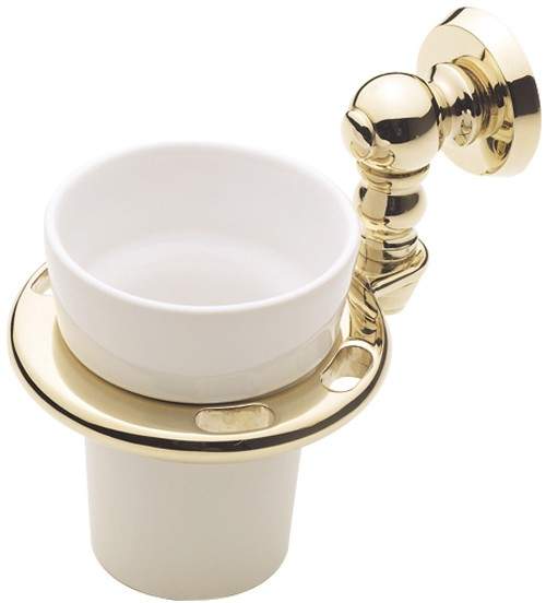 Bristan 1901 Toothbrush & Tumbler Holder (In Gold) With Ceramic Tumbler.