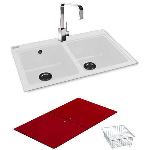 Carron Phoenix Double Bowl Granite Sink & Red Glass 802x520mm (White).