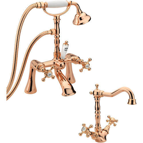 Tre Mercati Allora Basin Mixer & Bath Shower Mixer Tap Pack (Rose Gold).