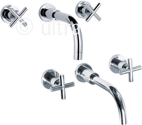 Ultra Helix Wall Mounted Basin Mixer & Bath Filler Tap Set (Chrome).