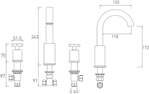 Technical image of Bristan Casino 3 Hole Bath Filler Tap (Chrome).