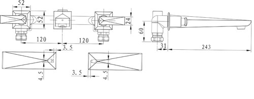 Technical image of Bristan Ebony 3 Hole Wall Mounted Basin & Bath Filler Taps Pack (Chrome).