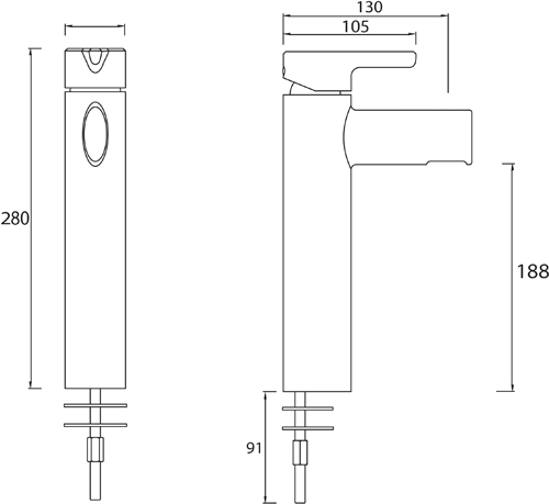 Technical image of Bristan Flute Tall Basin Mixer Tap With Clicker Waste (Chrome).