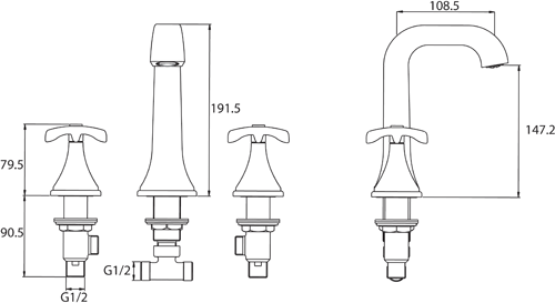 Technical image of Bristan Glorious 3 Hole Basin Mixer Tap (Chrome).