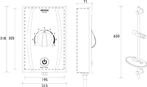 Technical image of Bristan Joy Thermostatic BEAB Electric Shower With Standard Kit 8.5kW (White).