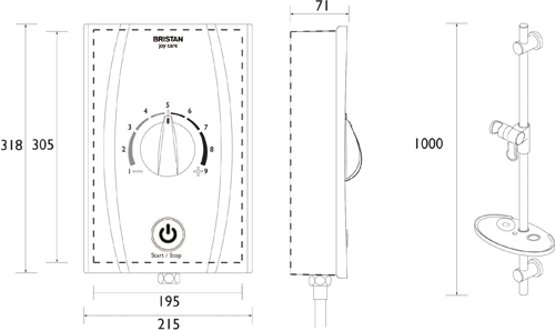 Technical image of Bristan Joy Thermostatic BEAB Electric Shower With Long Kit 9.5kW (White).