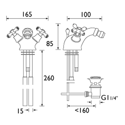 Technical image of Bristan Colonial Bidet Mixer Tap With Pop Up Waste (Gold).