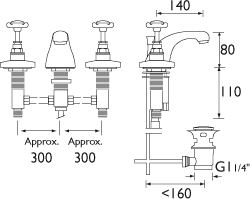 Technical image of Bristan 1901 Three Hole Basin Mixer Tap & Pop Up Waste, Gold Plated. N3HBASGCD