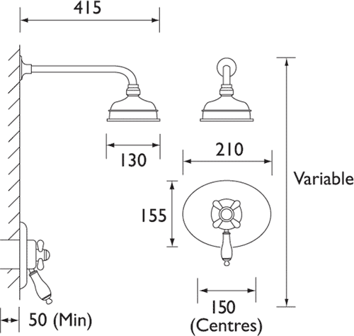 Technical image of Bristan 1901 Traditional Thermostatic Shower Valve And Shower Head, Gold.