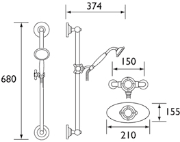 Technical image of Bristan 1901 Traditional Thermostatic Shower Valve And Slide Rail, Gold.