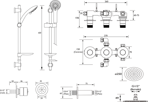 Technical image of Bristan Orb Shower Pack With Arm, Round Head, 4 x Jets & Slide Rail (Chrome).