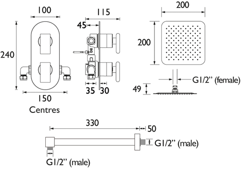 Technical image of Bristan Pivot Shower Pack With Arm & Square Head (Chrome).