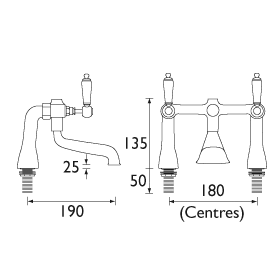 Technical image of Bristan Renaissance 3 Hole Basin & Bath Filler Taps Pack (Chrome).