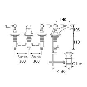 Technical image of Bristan Renaissance 3 Hole Basin Mixer Tap With Pop Up Waste (Chrome).