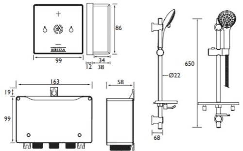 Technical image of Bristan Wave Thermostatic Digital Shower Valve With Slide Rail Kit.