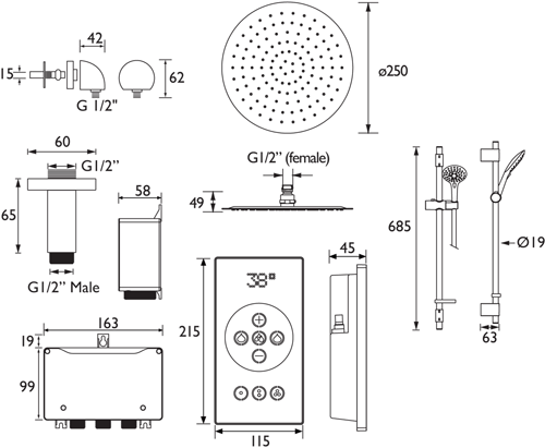 Technical image of Bristan Wave Thermostatic Digital Shower Valve With Head & Slide Rail.