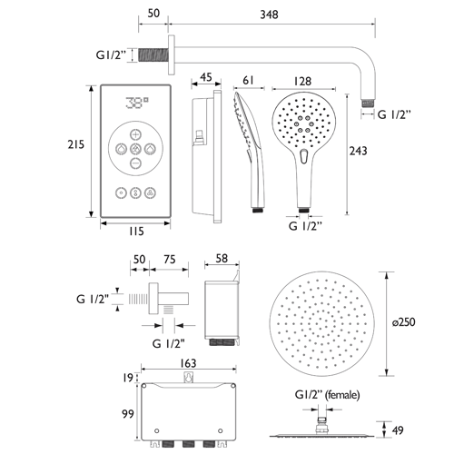 Technical image of Bristan Wave Thermostatic Digital Shower Valve With Head & Handset.