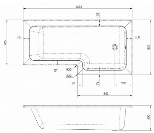 Technical image of BC Designs SolidBlue L-Shaped Shower Bath With Panel & Screen 1700 (RH).