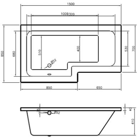 Technical image of BC Designs SolidBlue L-Shaped Shower Bath With Panel & Screen 1500 (LH).