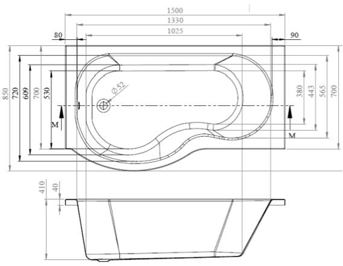 Technical image of BC Designs SolidBlue P-Shaped Shower Bath With Panels & Screen 1500 (LH).