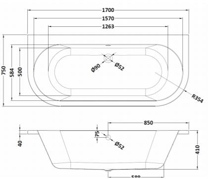 Technical image of BC Designs Monreale Back To Wall Bath With Panel 1700x750mm (White).