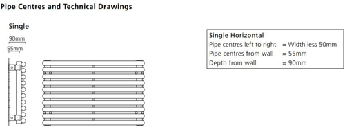 Technical image of Colour Chaucer Single Horizontal Radiator 538x1220mm (Jet Black).