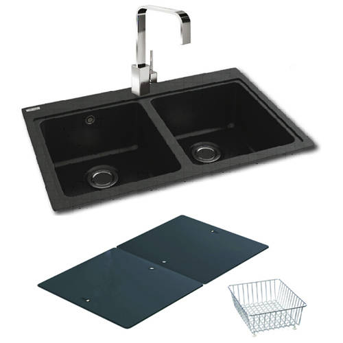 Larger image of Carron Phoenix Double Bowl Granite Sink & Black Glass 802x520mm (Black).