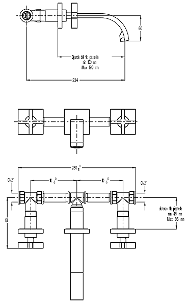 Technical image of Crosswater Alvero Wall Mounted 3 Hole Basin Mixer Tap (Chrome).