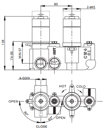 Technical image of Crosswater KH Zero 1 Thermostatic Shower Valve With Diverter (2 Outlets).