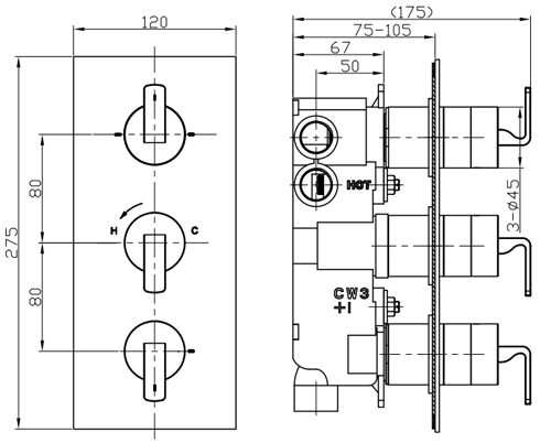 Technical image of Crosswater KH Zero 1 Thermostatic Shower Valve With Diverter (3 Outlets).