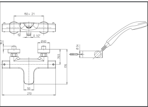 Technical image of Crosswater North Wall Mounted Bath Shower Mixer Tap & Kit (Chrome).