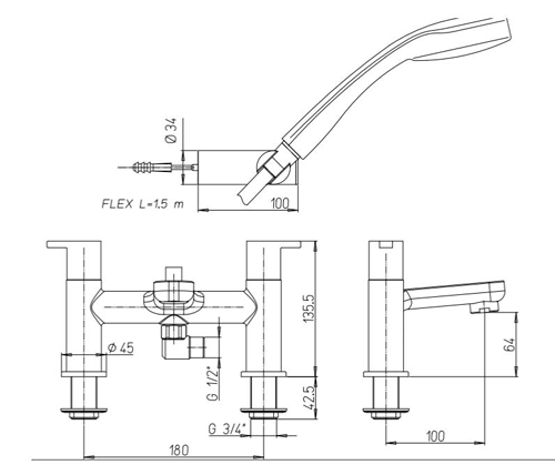 Technical image of Crosswater Nova Basin & Bath Shower Mixer Tap Pack (Chrome).