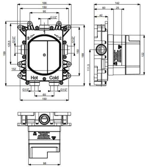 Technical image of Crosswater MPRO Crossbox 2 Outlet Shower Valve (Brushed Brass).