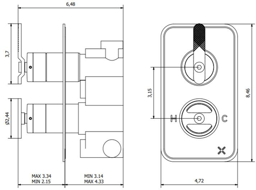 Technical image of Crosswater UNION Thermostatic Shower Valve (1 Outlet, Brushed Black).