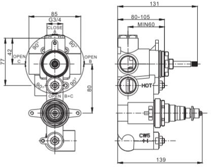 Technical image of Crosswater UNION Thermostatic Shower Valve (2 Outlets, Brushed Black).