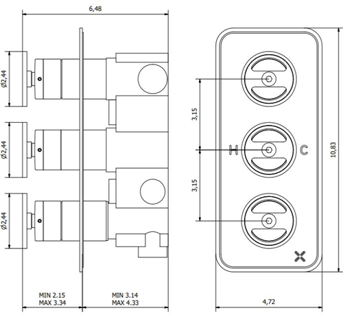 Technical image of Crosswater UNION Thermostatic Shower Valve (3 Outlets, Brushed Black).