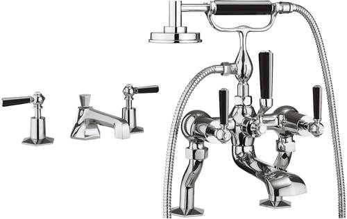 Larger image of Crosswater Waldorf 3 Hole Basin & Bath Shower Mixer Tap (Black Handles).