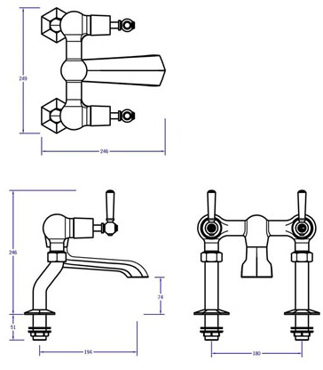 Technical image of Crosswater Waldorf 3 Hole Basin Mixer & Bath Filler Tap (Chrome Handles).