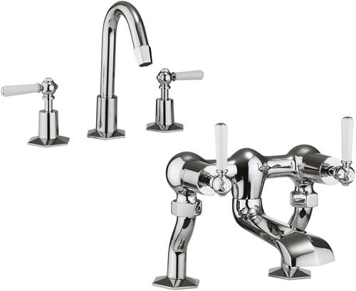 Larger image of Crosswater Waldorf 3 Hole Basin Mixer & Bath Filler Tap (White Handles).