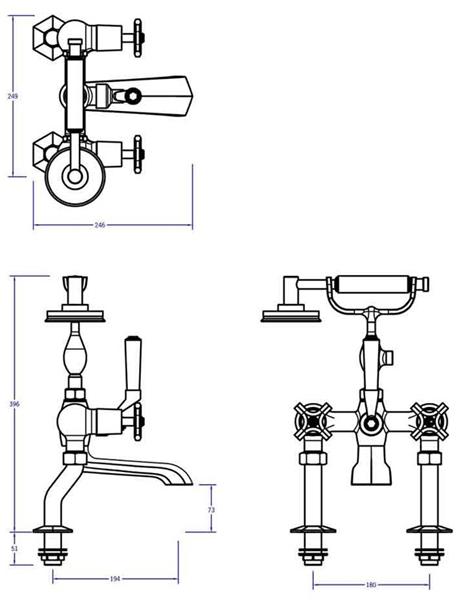 Technical image of Crosswater Waldorf 3 Hole Basin & Bath Shower Mixer Tap (Chrome Handles)