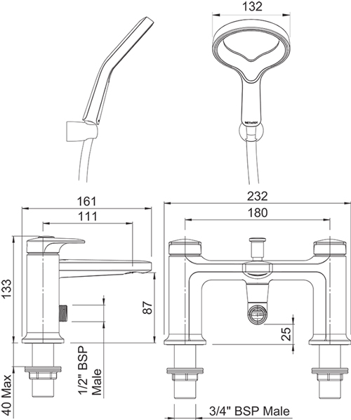 Technical image of Methven Aio Basin & Bath Shower Mixer Tap Pack (Chrome).