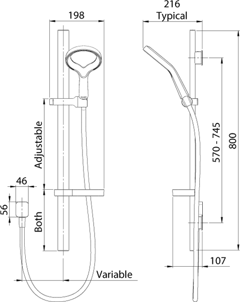 Technical image of Methven Aurajet Aio Rail Shower (Chrome & White).