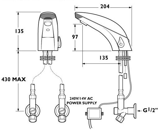 Technical image of Deva Electronic Class Electronic Sensor Tap (Mains powered)