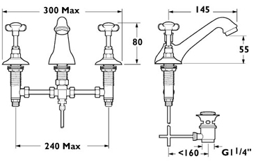 Technical image of Deva Coronation 3 Hole Basin Mixer Tap With Pop Up Waste (Gold).