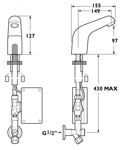 Technical image of Deva Electronic Dia Sensor Tap. Battery powered. Only 1 Remaining.