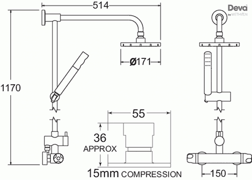 Technical image of Deva Dynamic Thermostatic Bar Shower Valve With Rigid Riser Kit.