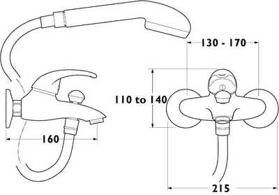 Technical image of Deva Elan Wall Mounted Bath Shower Mixer Tap With Shower Kit.