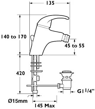 Technical image of Deva Elan Mono Bidet Mixer Tap With Pop Up Waste.