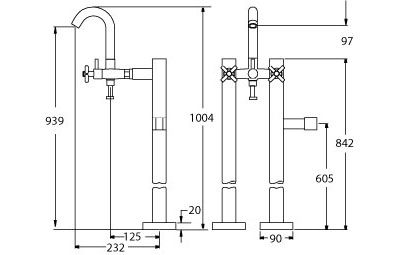 Technical image of Deva Expression Bath Shower Mixer Tap With Stand Pipes And Shower Kit.