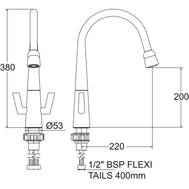 Technical image of Deva Designer Flugel Kitchen Tap With Swivel Spout (Chrome).